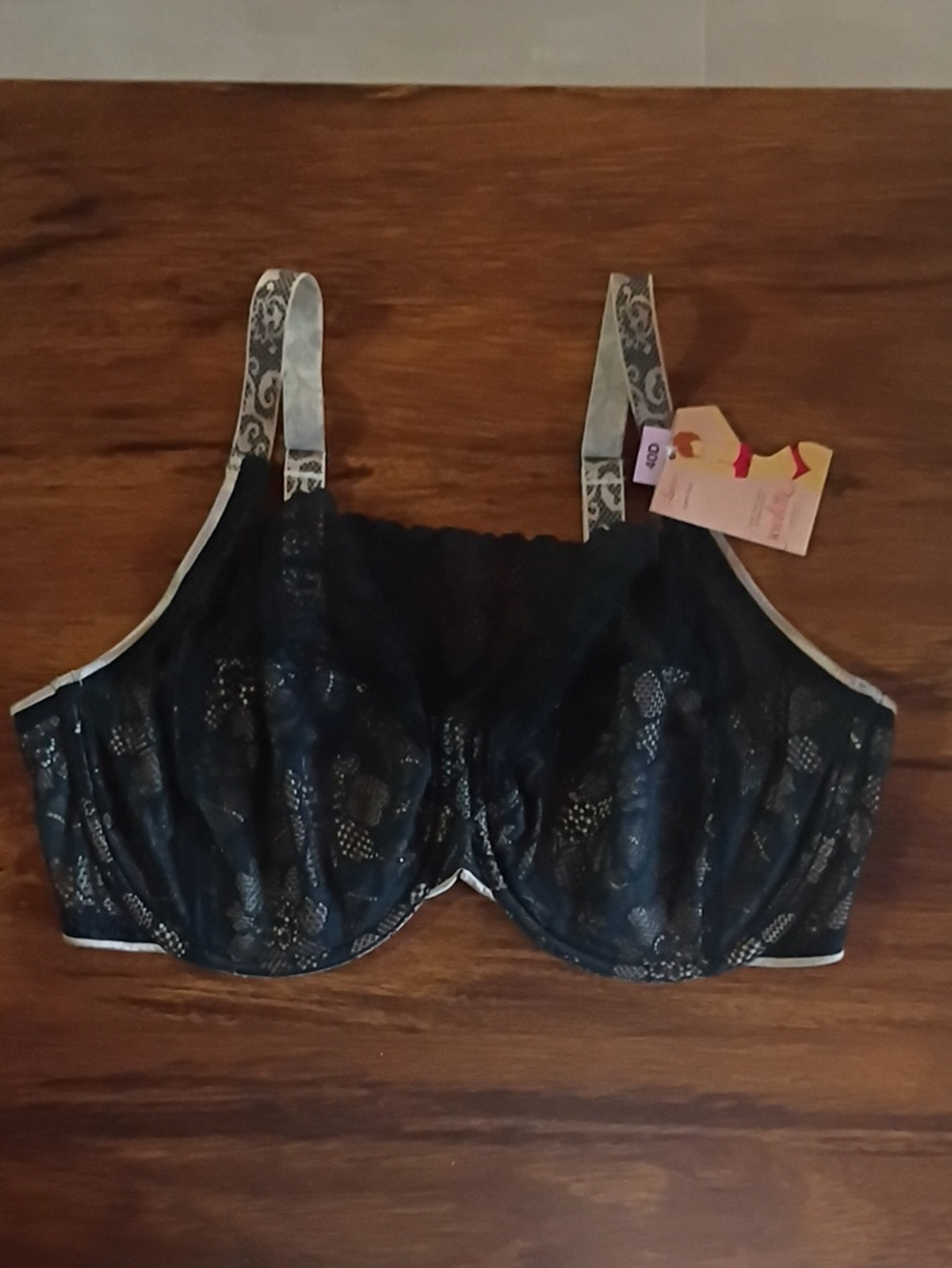Scarlett Black Lace-Overlay/Cami Bra with Patterned Straps